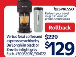 Walmart Vertuo Next coffee and espresso machine by De'Longhi in black or Breville in light grey offer