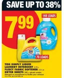 No Frills TIDE SIMPLY LIQUID LAUNDRY DETERGENT, 2.72 L, FLEECY FABRIC SOFTENER, 3.5 L or DRYER SHEETS, 200's offer