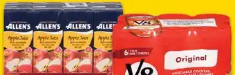 No Frills V8 VEGETABLE COCKTAIL 6x156 mL or ALLEN'S DRINK BOXES, 8x200 mL offer