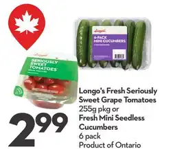 Longo's Fresh Seriously Sweet Grape Tomatoes 255g pkg or Fresh Mini Seedless Cucumbers 6 pack offer