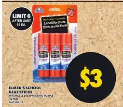 Loblaws ELMER'S SCHOOL GLUE STICKS WASHABLE DISAPPEARING PURPLE, 3X20 G offer