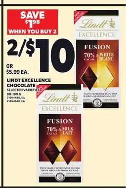 Loblaws LINDT EXCELLENCE CHOCOLATE, 80-100 G offer