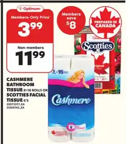 Loblaws CASHMERE BATHROOM TISSUE, 8=16 ROLLS OR SCOTTIES FACIAL, 6'S offer