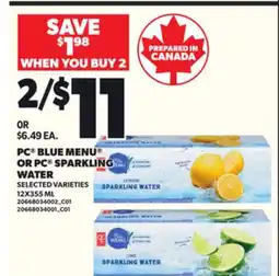 Loblaws PC BLUE MENU OR PC SPARKLING WATER offer
