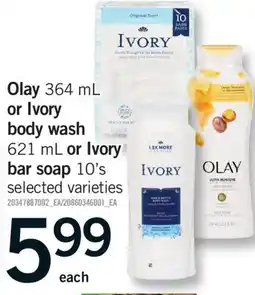 Fortinos OLAY 364 ML OR IVORY BODY WASH 621 ML OR IVORY BAR SOAP 10'S offer