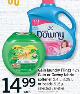 Fortinos GAIN LAUNDRY FLINGS, 42'S, GAIN OR DOWNY FABRIC SOFTENER, 2.4 L-3.29 L OR BEADS, 515 G offer