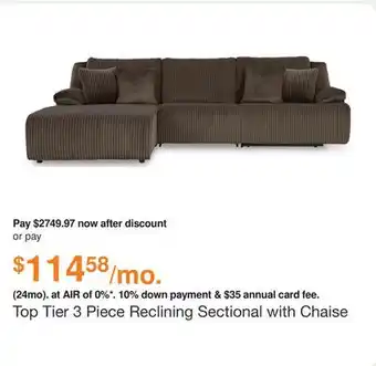 Ashley Furniture Top Tier 3 Piece Reclining Sectional with Chaise in Chocolate, Fabric by Ashley offer