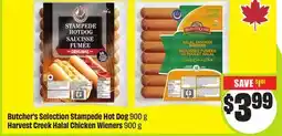 FreshCo Butcher's Selection Stampede Hot Dog 900g Harvest Creek Halal Chicken Wieners 900g offer