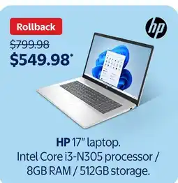 Walmart HP 17 laptop. Intel Core i3-N305 processor / 8GB RAM / 512GB storage offer
