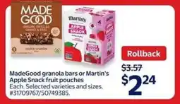 Walmart MadeGood granola bars or Martin's Apple Snack fruit pouches offer