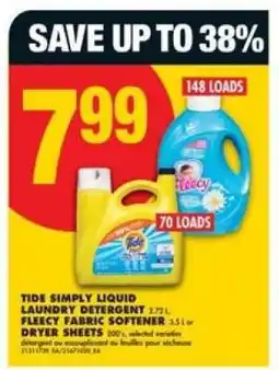 No Frills Tide Simply Liquid Laundry Detergent / Fleecy Fabric Softener / Dryer Sheets offer