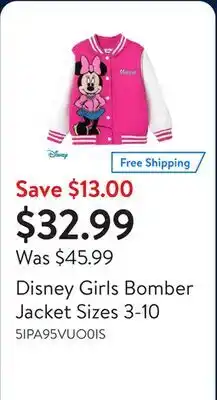 Walmart Disney Girls Bomber Jacket Sizes 3-10 offer