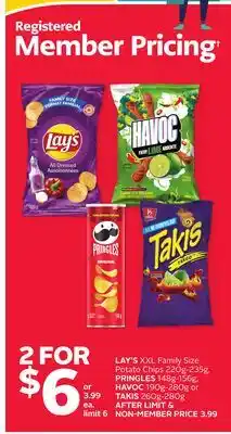 Rexall LAY'S XXL Family Size Potato Chips 220g-235g, PRINGLES 148g-156g, HAVOC 190g-280g or TAKIS 260g-280g offer