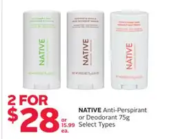 Rexall NATIVE Anti-Perspirant or Deodorant 75g offer