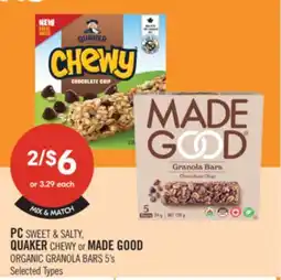 Shoppers Drug Mart PC SWEET & SALTY, QUAKER CHEWY or MADE GOOD ORGANIC GRANOLA BARS 5's offer