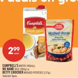 Shoppers Drug Mart CAMPBELL'S BROTH (900mL), NO NAME RICE (900g) or BETTY CROCKER MASHED POTATOES (215g) offer