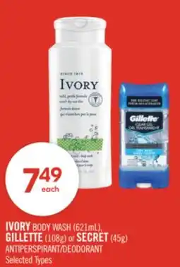 Shoppers Drug Mart IVORY BODY WASH (621mL), GILLETTE (108g) or SECRET (45g) ANTIPERSPIRANT/DEODORANT offer