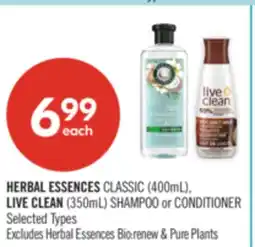 Shoppers Drug Mart HERBAL ESSENCES CLASSIC (400mL), LIVE CLEAN (350mL) SHAMPOO or CONDITIONER offer