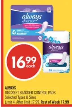 Shoppers Drug Mart ALWAYS DISCREET BLADDER CONTROL PADS offer