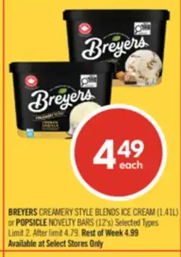 Shoppers Drug Mart BREYERS CREAMERY STYLE BLENDS ICE CREAM (1.41L) or POPSICLE NOVELTY BARS (12's) offer