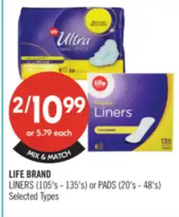 Shoppers Drug Mart LIFE BRAND LINERS (105's-135's) or PADS (20's-48's) offer