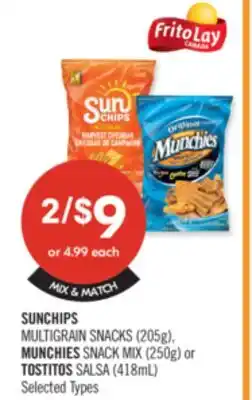 Shoppers Drug Mart SUNCHIPS MULTIGRAIN SNACKS (206g), MUNCHIES SNACK MIX (250g) or TOSTITOS SALSA (418mL) offer