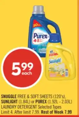 Shoppers Drug Mart SNUGGLE FREE & SOFT SHEETS (120's), SUNLIGHT (1.84L) or PUREX (1.92L - 2.03L) LAUNDRY DETERGENT offer