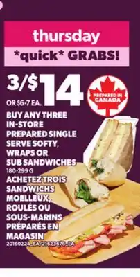 Independent City Market BUY ANY THREE IN-STORE PREPARED SINGLE SERVE SOFTY, WRAPS OR SUB SANDWICHES 180-293G offer