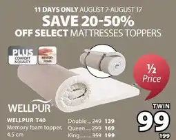 JYSK WELLPUR T40 Memory Foam topper offer