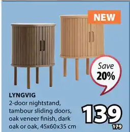 JYSK LYNGVIG 2-door nightstand, tambour sliding doors, oak veneer finish, dark oak or oak offer