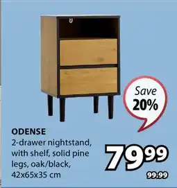 JYSK ODENSE 2-drawer nightstand with shelf, solid pine legs offer