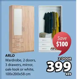 JYSK ARLO Wardrobe, 2 doors, 3 drawers, mirror, oak-look or white offer