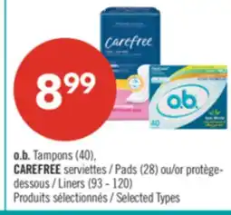 Pharmaprix o.b. Tampons (40), CAREFREE Pads (28) or Liners (93 - 120) offer