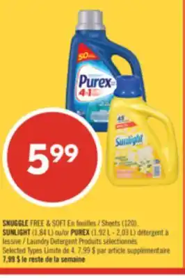 Pharmaprix SNUGGLE FREE & SOFT Sheets (120), SUNLIGHT (1.84 L) or PUREX (1.92 L-2.03 L) Laundry Detergent offer
