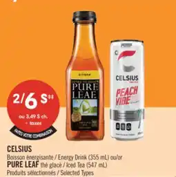 Pharmaprix CELSIUS Energy Drink (355 mL) or PURE LEAF Iced Tea (547 mL) offer