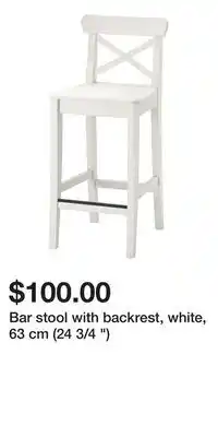 IKEA Bar stool with backrest, white, 63 cm (24 3/4 ) offer