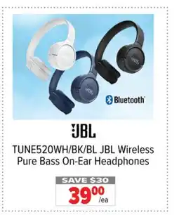 2001 Audio Video TUNE520WH/BK/BL JBL Wireless Pure Bass On-Ear Headphones offer