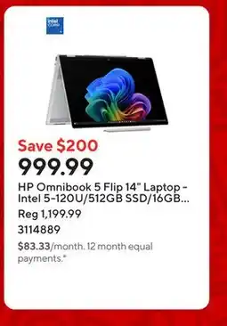 Staples HP Omnibook 5 Flip 14 Laptop - Intel 5-120U/512GB SSD/16GB RAM/Windows 11 Home offer