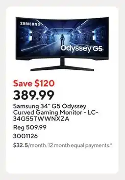 Staples Samsung 34 G5 Odyssey Curved Gaming Monitor - LC34G55TWWNXZA offer