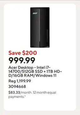 Staples Acer Desktop - Intel i7-14700/512GB SSD + 1TB HDD/16GB RAM/Windows 11 offer