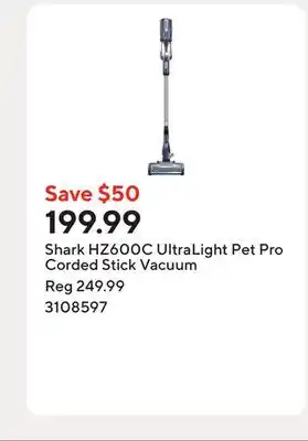 Staples Shark HZ600C UltraLight Pet Pro Corded Stick Vacuum offer