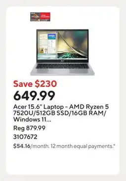 Staples Acer 15.6 Laptop - AMD Ryzen 5 7520U/512GB SSD/16GB RAM/Windows 11 Home offer