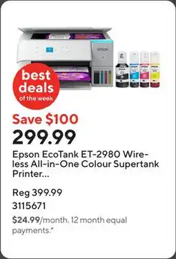 Staples Epson EcoTank ET-2980 Wireless All-in-One Colour Supertank Printer - White offer