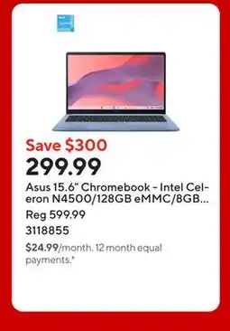 Staples Asus 15.6 Chromebook - Intel Celeron N4500/128GB eMMC/8GB RAM/Chrome OS offer