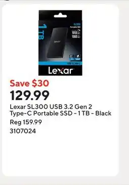 Staples Lexar SL300 USB 3.2 Gen 2 Type-C Portable SSD - 1 TB - Black offer