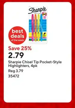 Staples Sharpie Chisel Tip Pocket-Style Highlighters, 4pk offer