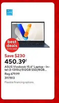 Staples ASUS Vivobook 15.6 Laptop - Intel i3-1315U/512GB SSD/8GB RAM/Windows 11 Home offer
