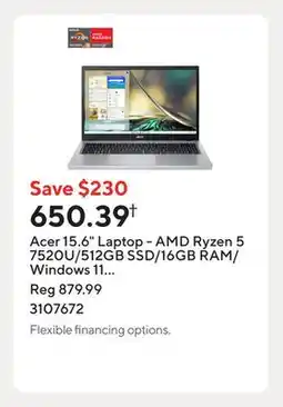 Staples Acer 15.6 Laptop - AMD Ryzen 5 7520U/512GB SSD/16GB RAM/Windows 11 Home offer