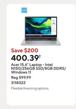 Staples Acer 15.6 Laptop - Intel N150/256GB SSD/8GB DDR5/Windows 11 offer