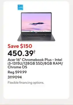 Staples Acer 16 Chromebook Plus - Intel i3-1315U/128GB SSD/8GB RAM/Chrome OS offer